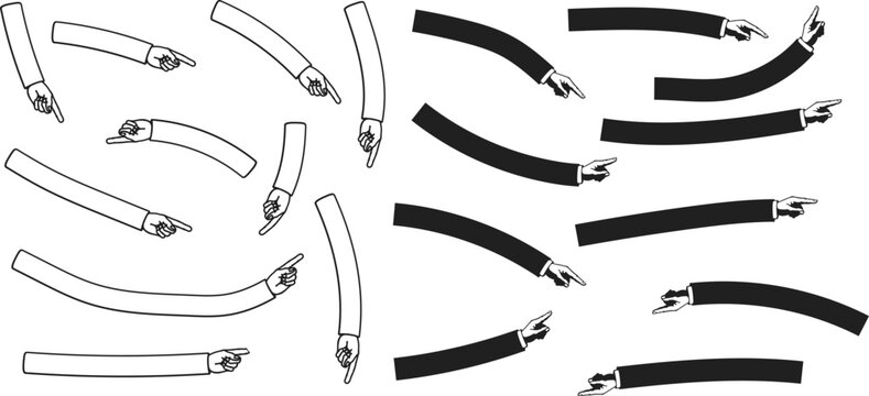 Graphic illustration of arms with pointing fingers in black and white