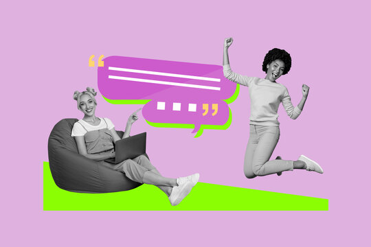 Artwork banner trendy photo collage of happy girl send message bubble notification dialogue interface messenger app chat