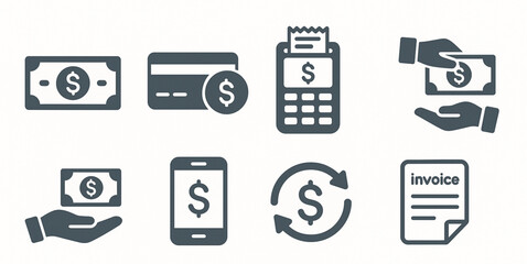 Payment and Transaction Icon Set with Cash, Credit Card, and Mobile Banking Symbols