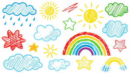 Colorful children's drawing of weather elements with sun, clouds, rainbow, and stars evokes a cheerful, playful, and imaginative mood for youthful designs
