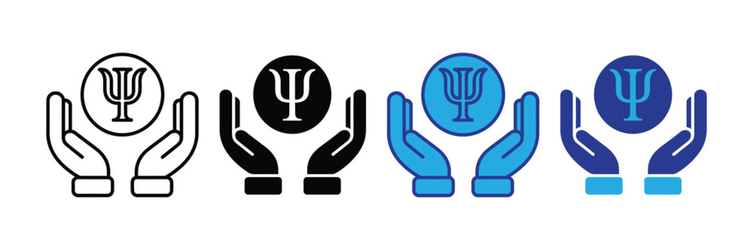 Psychology symbol psi in hands icon, representing mental health care and support
