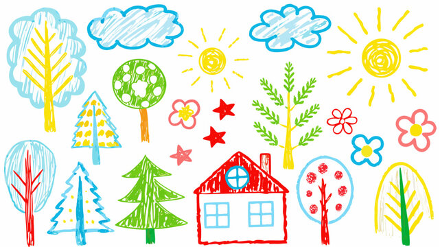 Whimsical hand-drawn scene with vibrant trees, flowers, suns, clouds, stars and a cozy house, perfect for children's designs and playful creative projects