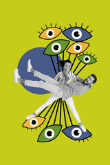 Vertical art pop image collage of two happy girl guy jump together eyeball stare freemason trap jewish supervision control