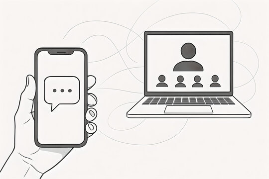 Black and White Sketch Illustration of a Hand Holding a Phone with a Chat Icon Connected to a Laptop Video Conference, Symbolizing Remote Communication, Virtual Meeting, and Digital Connectivity