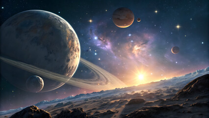 Sci-fi sunrise with planets, moons and asteroids