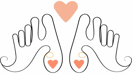 Obraz premium Charming line art celebrating love and commitment with hands forming hearts, accented by wedding rings symbolizing unity and devotion in a minimalist style
