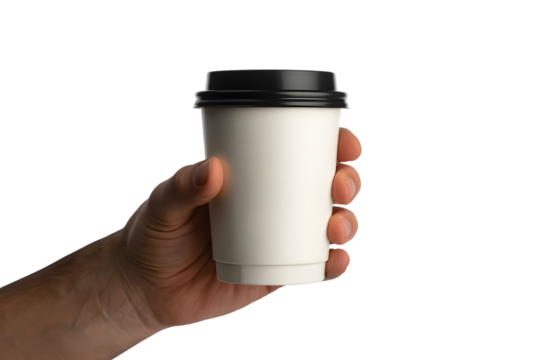 Hand holding a white paper coffee cup isolated on transparent background