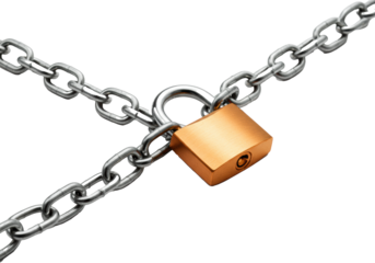 A highly detailed copper-orange padlock cinching four intersecting silver chains against a transparent background. Concept of security and strength