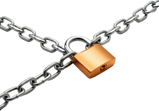 A highly detailed copper-orange padlock cinching four intersecting silver chains against a transparent background. Concept of security and strength