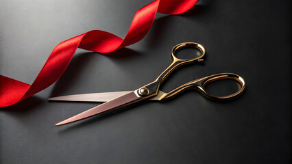 Scissors and ribbon on black slate, dramatic light