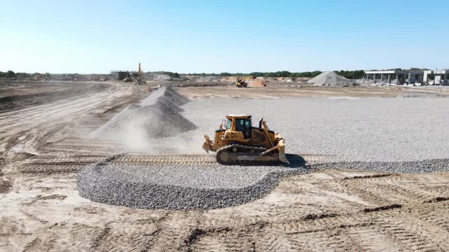 Bulldozer grading at construction site with piles of gravel and earth