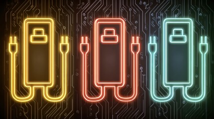 Electric Charging Icons Illuminate Neon Circuit Pattern With Vibrant Colors and Ample Copy Space for Messages