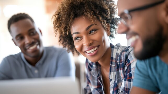 A joyful group of young professionals collaborating in a modern workspace fostering creativity engagement and teamwork with authentic smiles and natural interactions