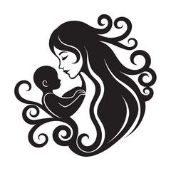 Ornate Hair Mother Silhouette With Child Design