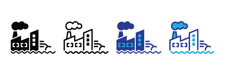 Factory icon with smoke coming out of chimney and water pollution effect, industrial pollution concept