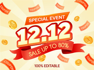 Obraz premium Bright 12.12 super sale event banner, featuring bold yellow numbers, December 12 Sale text, flying coupon tickets, sparkling stars, and a bright blue rays background. 3d vector. Vector illustration