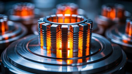 High-tech glowing mechanical part with metallic engineering details and illuminated center 
