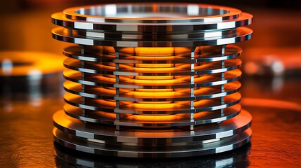 Industrial metallic cylindrical component with orange internal glow in high-tech engineering setting 
