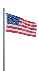 Obraz premium American flag waving in the wind on a silver flagpole against a white background.