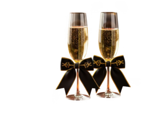 Two elegant champagne flutes filled with bubbly liquid isolated on transparent background