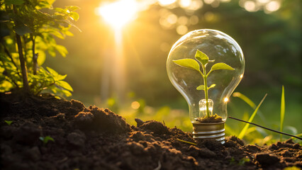 Seedling terrarium in glass bulb with sun flare