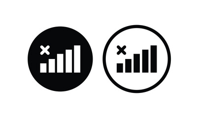 Black and white no signal icon showing a crossed-out bar graph symbol. Minimalist connectivity error design representing weak or lost network, data issue, or offline communication problem.