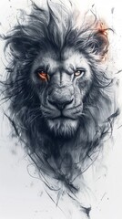 Powerful lion head portrait in an abstract sketch style. Vertical black and white drawing with selective orange color in the eyes