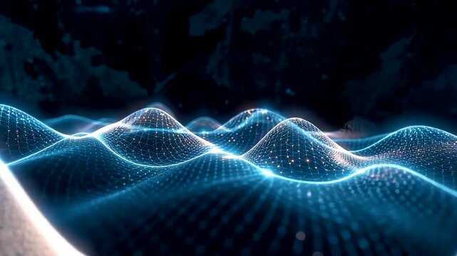 Dynamic glowing digital wave pattern forming flowing blue energy curves across a dark abstract surface with shimmering dots and smooth motion effects