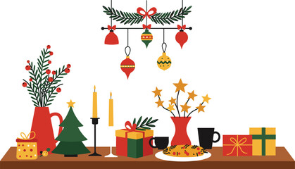 Christmas table decoration illustration, festive holiday elements, gift boxes, candles, ornaments, Santa face, seasonal vector design, cad sketch style