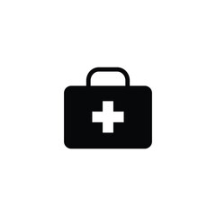 Black medical first aid kit icon with a white cross in the center on a plain white background. Minimalist healthcare symbol for emergency, hospital, and medical service design concepts.