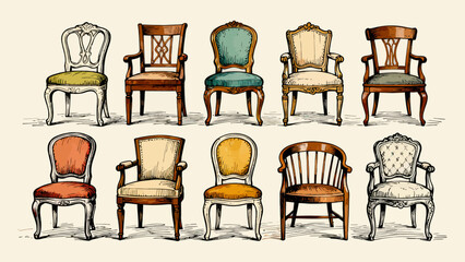 A collection of chairs and stools, featuring cartoon hand-drawn vector illustrations, including leather chairs, wooden chairs, gaming chairs, fabric chairs, lounge chairs, high stools, and bamboo chai