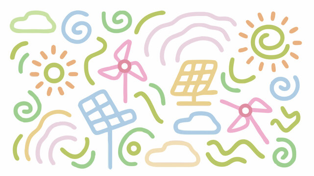 Whimsical doodle art of renewable energy sources creating a positive, eco-friendly vibe for sustainable living and a cleaner environment