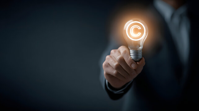 Business professional holding a glowing light bulb with copyright symbol in dark environment