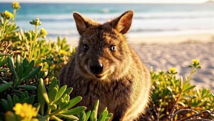 Young playful fox pup exploring lush green plants on sandy beach with ocean in background in natural daylight