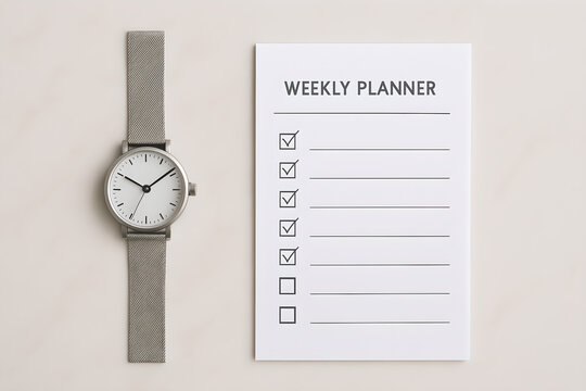 Overhead View of a Minimalist Weekly Planner Checklist with Completed Tasks Placed Next to a Stylish Analog Wristwatch, Symbolizing Time Management, Productivity, Task Completion