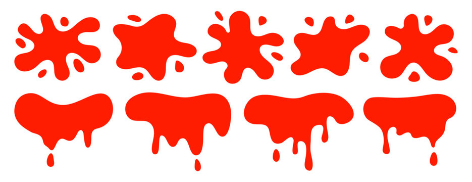 Set of red splatter sauce blob, paint, blood splatters vector illustration