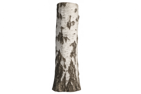 Birch tree trunk element with white bark isolated on transparent background for nature, forestry, and wood themes