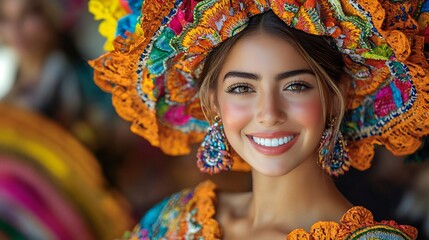 Portrait of a beautiful woman in traditional dress with colorful headdress and earrings smiling brightly
