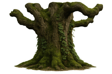 Naklejka premium Gnarly tree trunk of an old oak tree, covered in green moss and climbing ivy, creating a mythical fantasy element