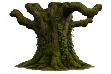Gnarly tree trunk of an old oak tree, covered in green moss and climbing ivy, creating a mythical fantasy element