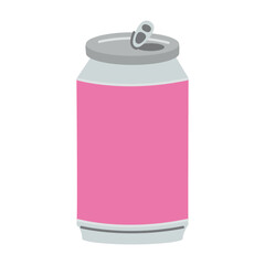 Pink metallic soda can. Refreshing beverage and drink container. Modern vector illustration isolated on white background, hand drawn, flat design