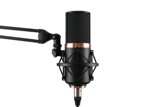 A premium matte black studio microphone with rose gold accents on a minimalist stand against a transparent background. Professional audio technology concept