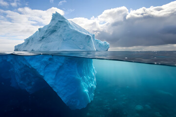 Split-shot iceberg above and below water, hyperreal
