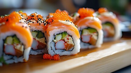 Delicious salmon sushi rolls with roe isolated on white background