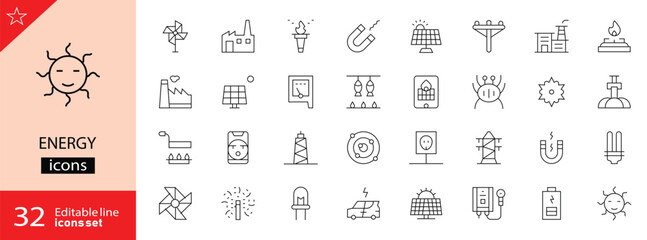 Energy icons set. Includes symbols of electricity, power plants, renewable energy, fuel, batteries, and energy efficiency. Editable stroke. Vector illustration. Outline icons. Perfect for industry. 