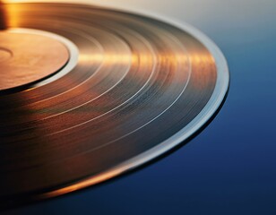 Atmospheric close-up of a classic vinyl record with warm golden light reflecting on the grooves against a cool blue gradient background, evoking a sense of nostalgia for vintage music and retro audio