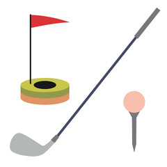 Golf club, ball on a stand and hole with flag, golfing and outdoor sports concept. Trendy modern vector illustration isolated on white background, flat design