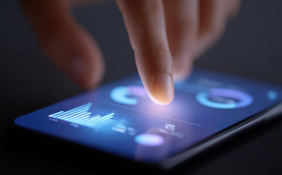 Focused finger touching futuristic touchscreen with glowing data chart. person interacts with business finance analytics on modern device for digital innovation