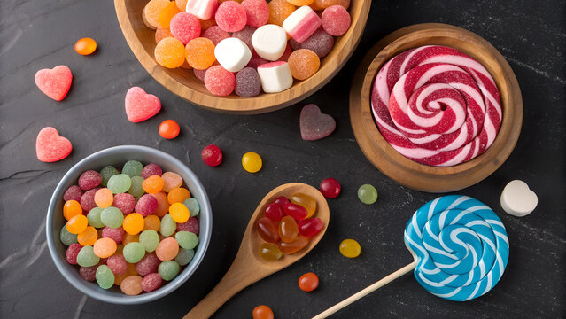 candies with jelly and sugar. colorful array of different childs sweets and treats