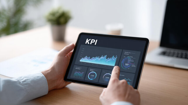 Focused man analyzing KPI business performance dashboard on digital tablet. male hand pointing at chart on screen, crucial part of modern corporate management - Powered by Adobe